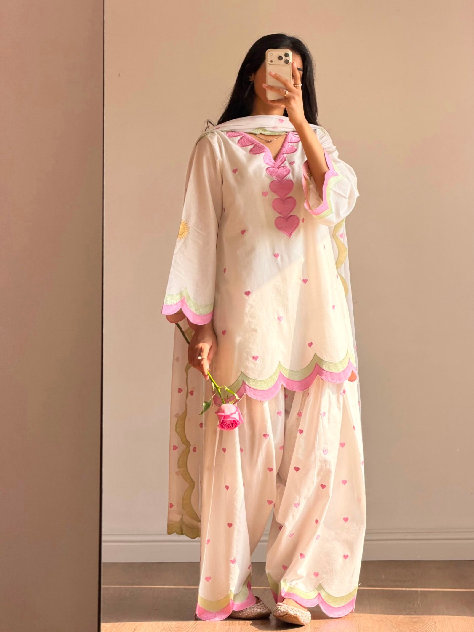 White and pink Farshi Salwar Suit Cotton for women with embroidered Chanderi cotton design