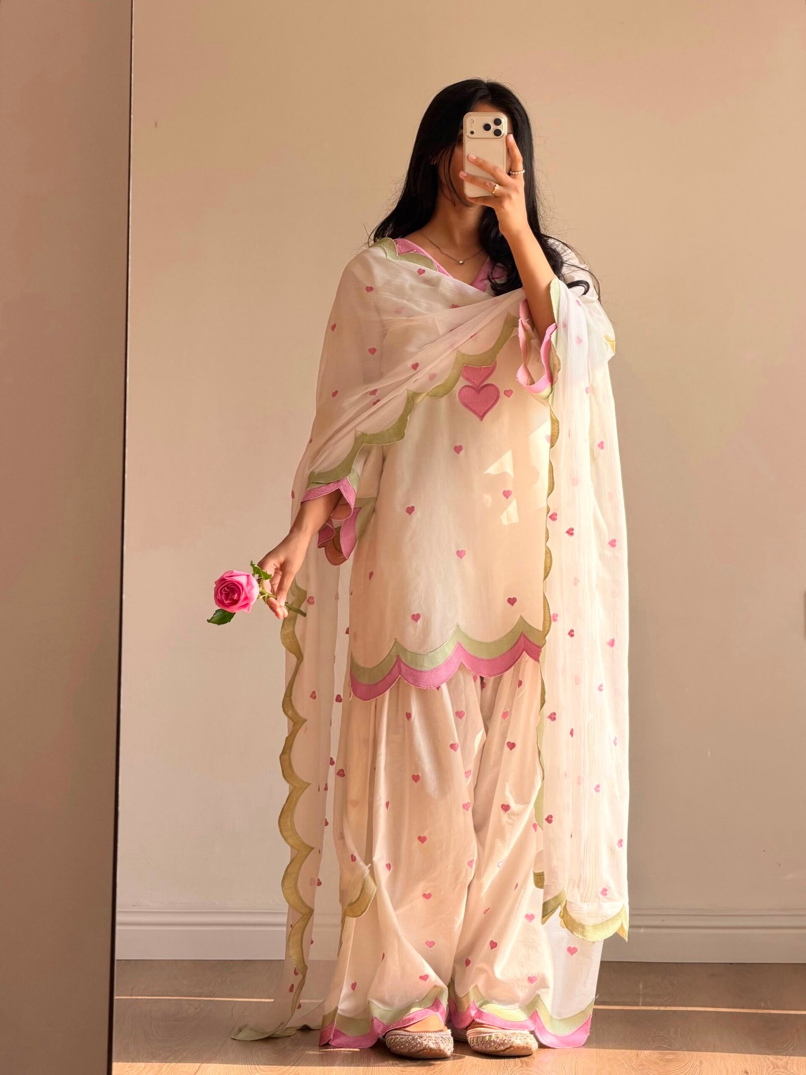 White and pink Farshi Salwar Suit Cotton for women with embroidered Chanderi cotton design