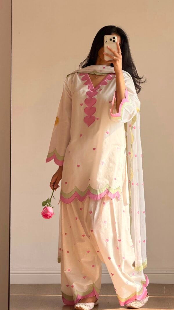 White and pink Farshi Salwar Suit Cotton for women with embroidered Chanderi cotton design