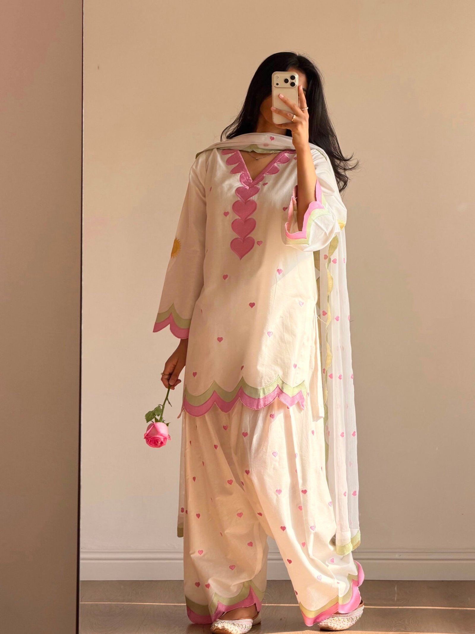 White and pink Farshi Salwar Suit Cotton for women with embroidered Chanderi cotton design
