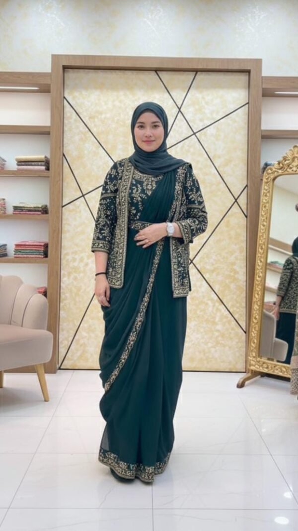 Green ready to wear jacket saree for women with embroidered jacket blouse and soft georgette saree