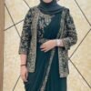 Green ready to wear jacket saree for women with embroidered jacket blouse and soft georgette saree