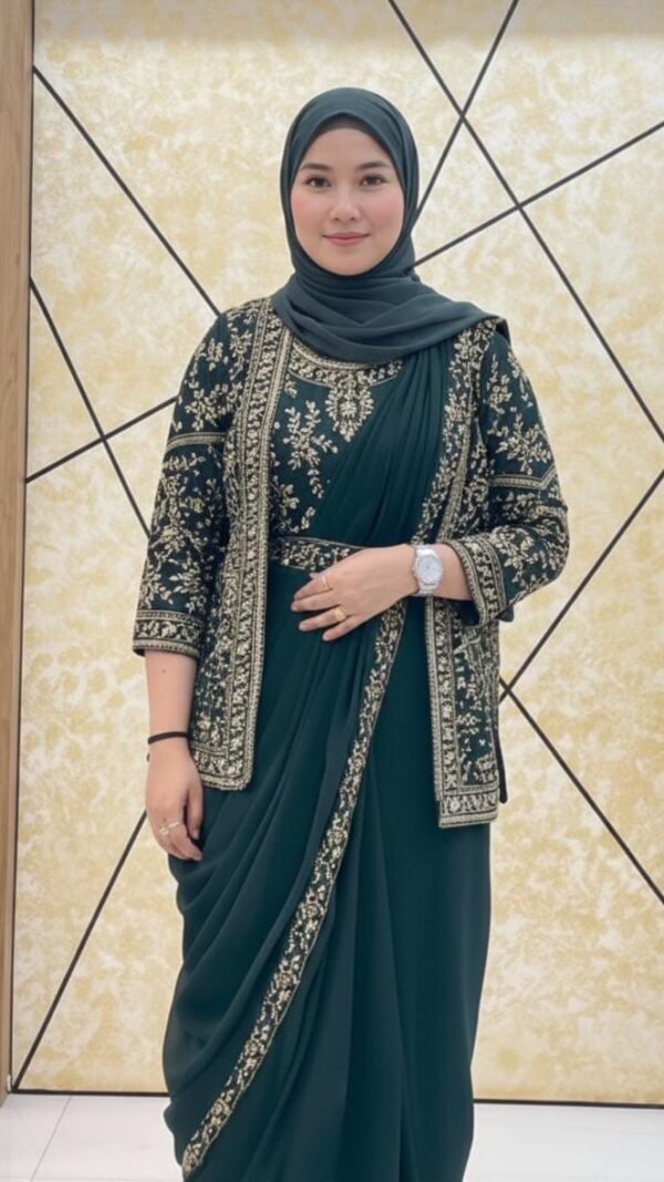 Green ready to wear jacket saree for women with embroidered jacket blouse and soft georgette saree