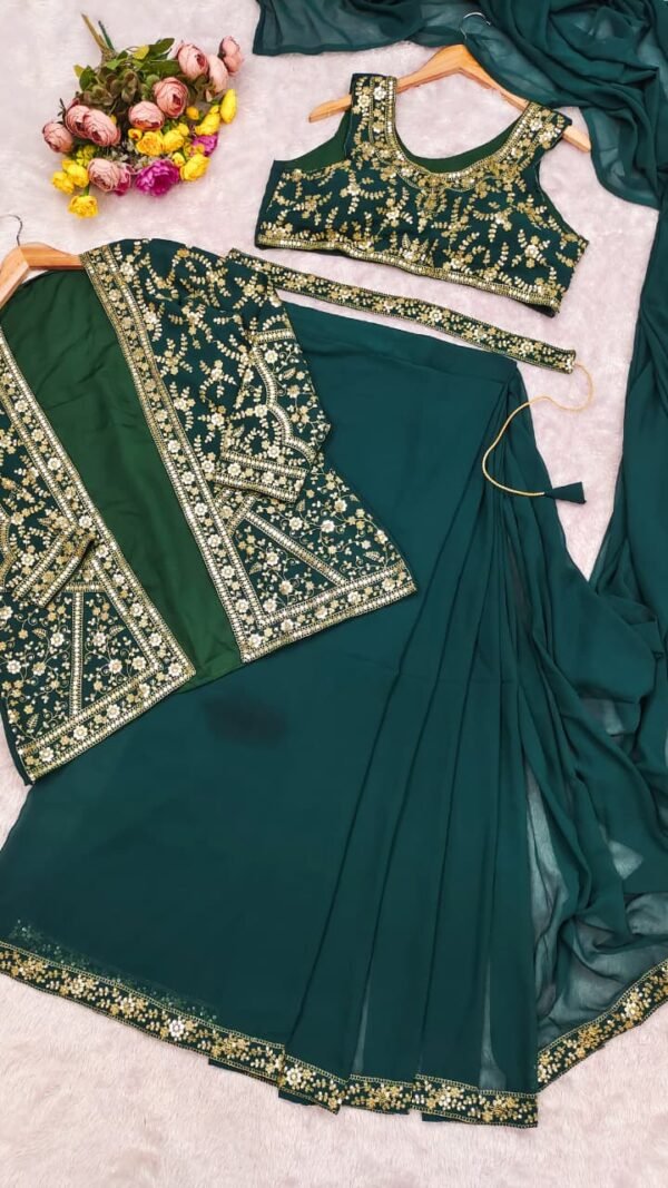 Green ready to wear jacket saree for women with embroidered jacket blouse and soft georgette saree