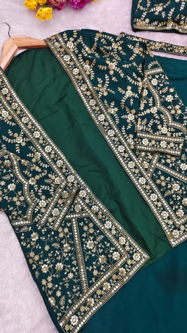 Green ready to wear jacket saree for women with embroidered jacket blouse and soft georgette saree
