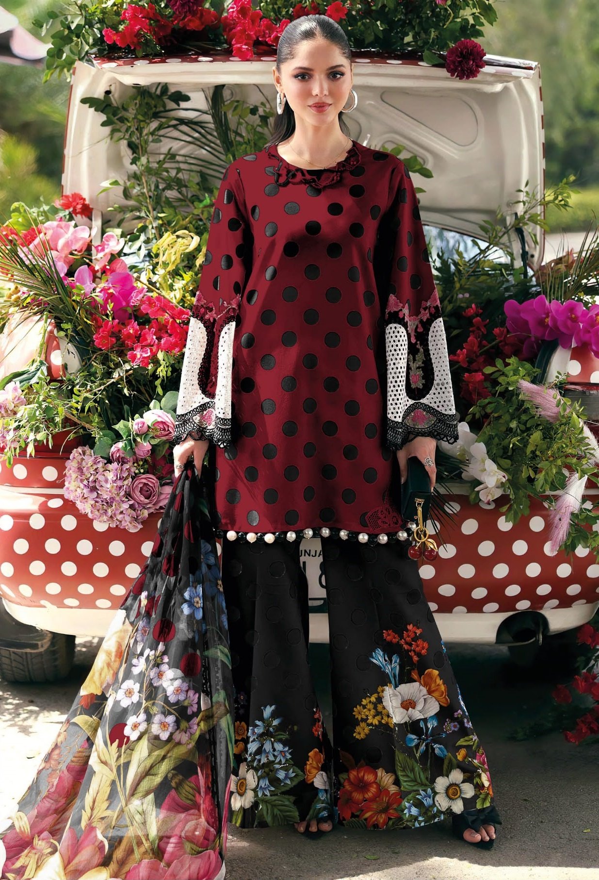 Maroon Polka Dot Dress Material Online pure cotton suit