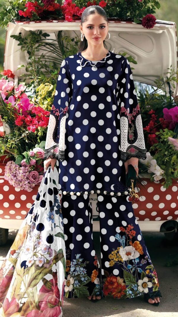 Navy Blue Polka Dot Dress Material Online cotton printed suit set