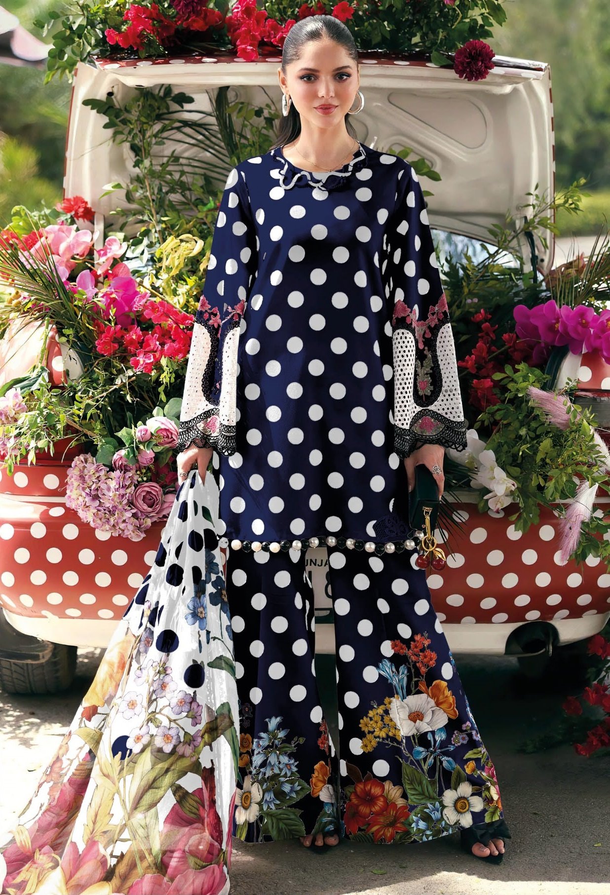 Navy Blue Polka Dot Dress Material Online cotton printed suit set
