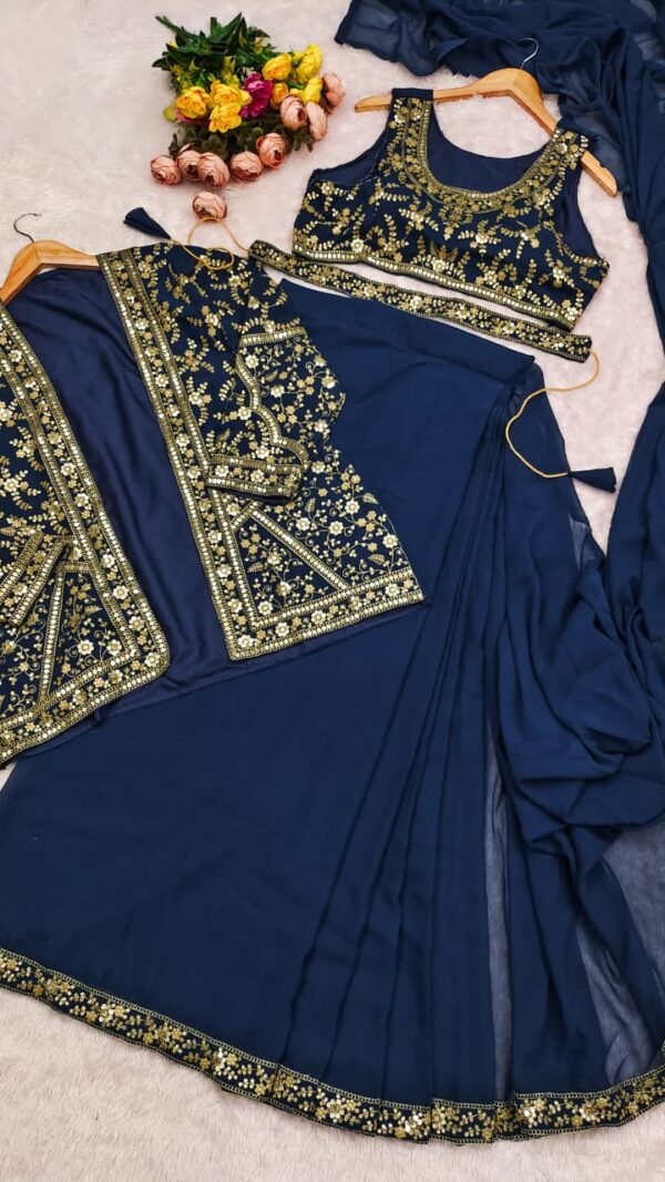 Navy blue ready to wear jacket saree for women with embroidered jacket blouse and soft georgette saree