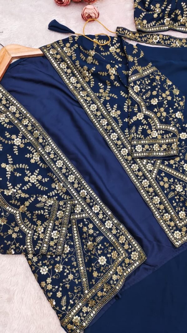 Navy blue ready to wear jacket saree for women with embroidered jacket blouse and soft georgette saree