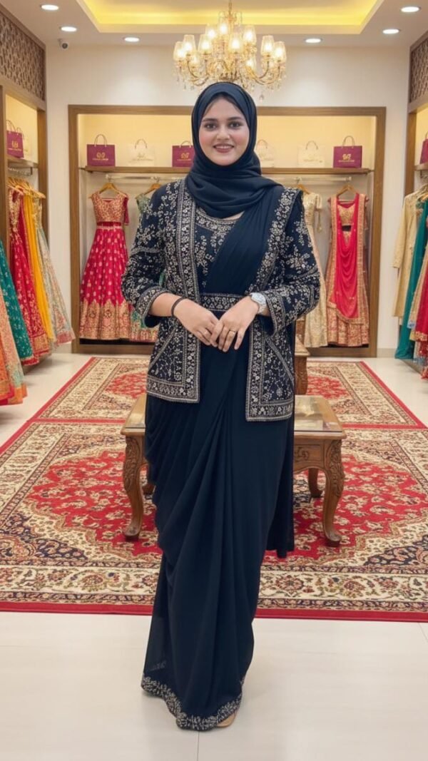Navy blue ready to wear jacket saree for women with embroidered jacket blouse and soft georgette saree