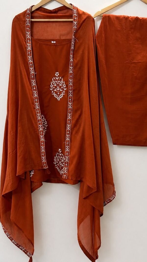 Orange embroidered Kurti Farshi Salwar Dupatta Set for women
