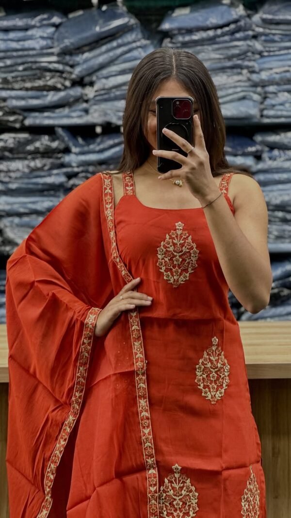 Orange embroidered Kurti Farshi Salwar Dupatta Set for women