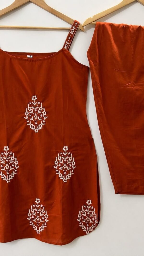 Orange embroidered Kurti Farshi Salwar Dupatta Set for women