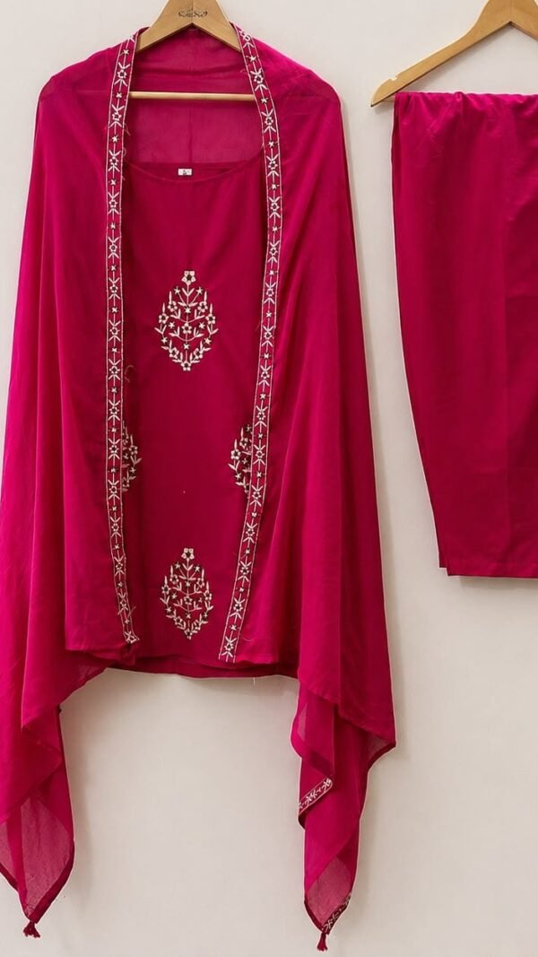 Pink embroidered Farshi Salwar Kurti Dupatta Set for women