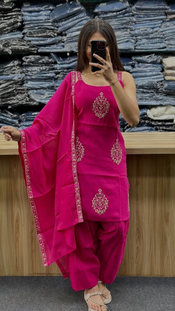 Pink embroidered Farshi Salwar Kurti Dupatta Set for women