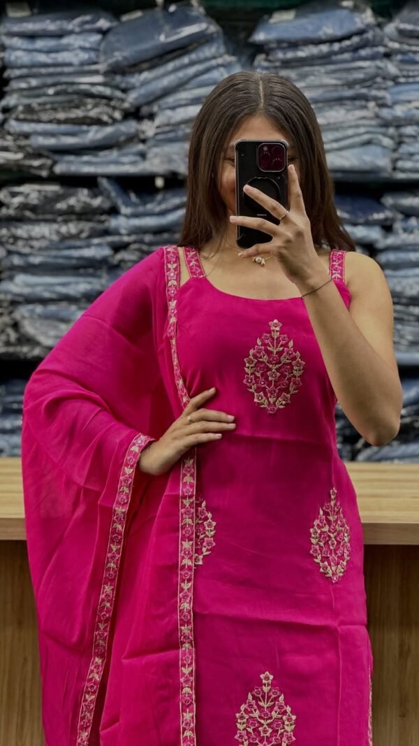 Pink embroidered Farshi Salwar Kurti Dupatta Set for women