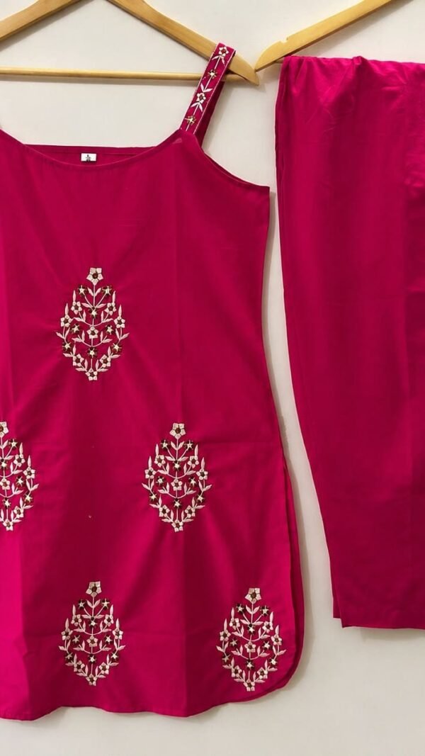 Pink embroidered Farshi Salwar Kurti Dupatta Set for women