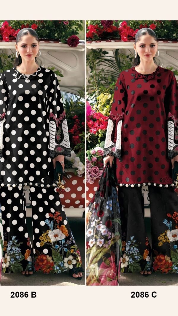 Polka Dot Dress Material Online pure cotton printed suit set with patch embroidery and floral printed dupatta