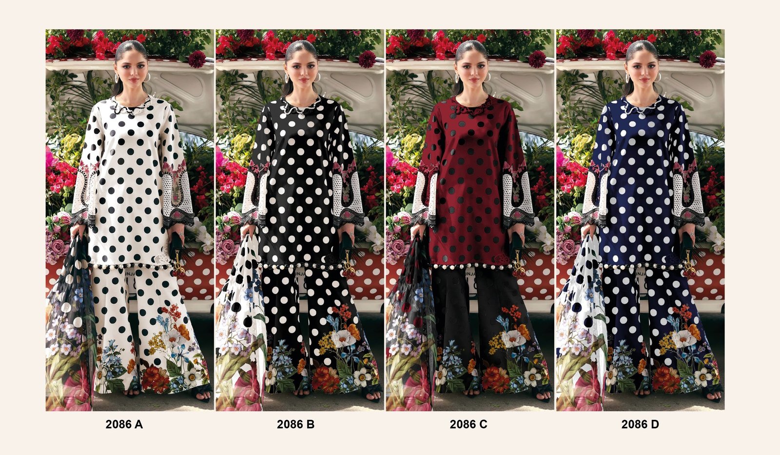Polka Dot Dress Material Online pure cotton printed suit set with patch embroidery and floral printed dupatta