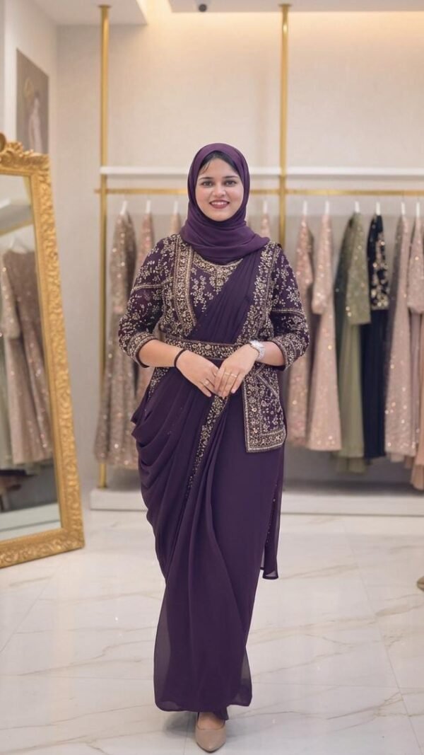 Purple ready to wear jacket saree for women with embroidered jacket blouse and soft georgette saree