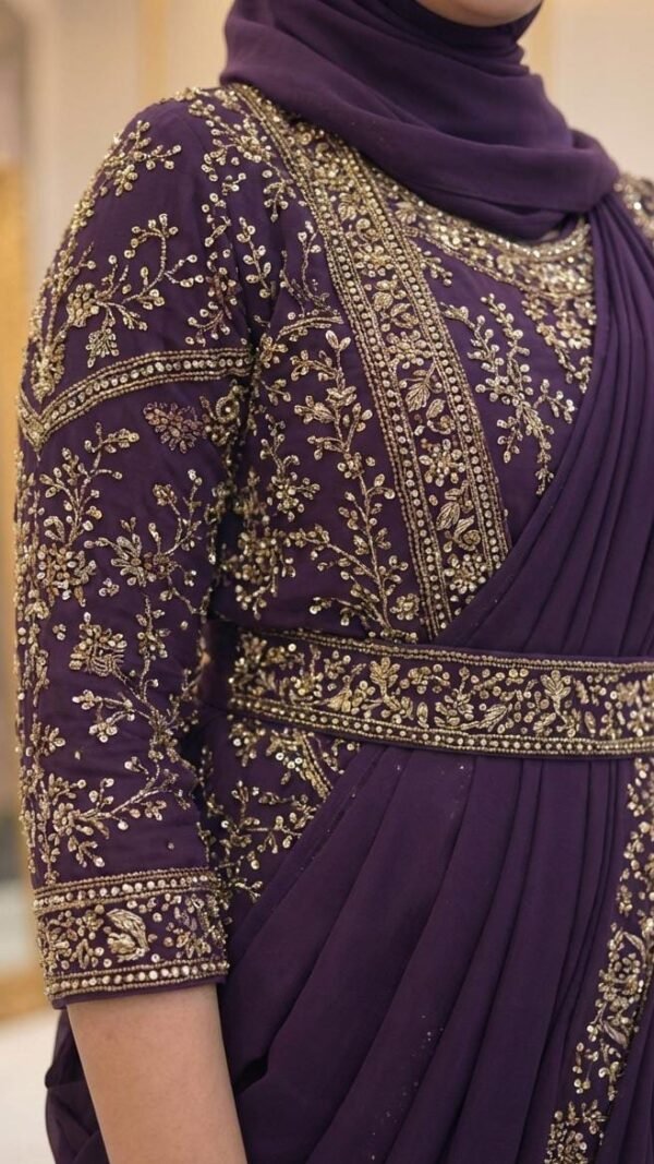 Purple ready to wear jacket saree for women with embroidered jacket blouse and soft georgette saree