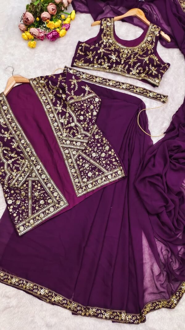 Purple ready to wear jacket saree for women with embroidered jacket blouse and soft georgette saree
