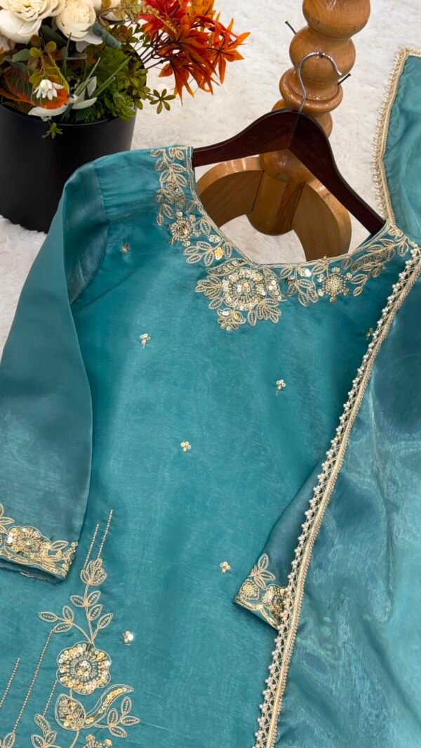 Teal blue Pakistani Suit for women with embroidered GMY Silk top Farshi pant and dupatta