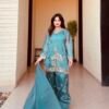 Teal blue Pakistani Suit for women with embroidered GMY Silk top Farshi pant and dupatta