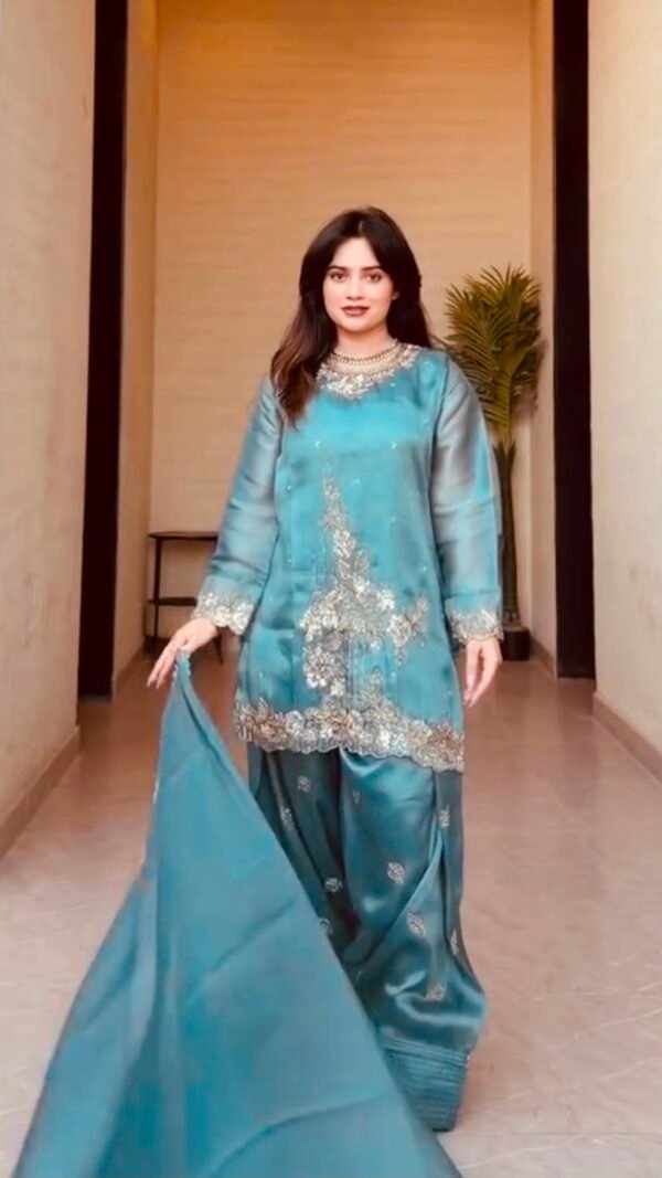 Teal blue Pakistani Suit for women with embroidered GMY Silk top Farshi pant and dupatta