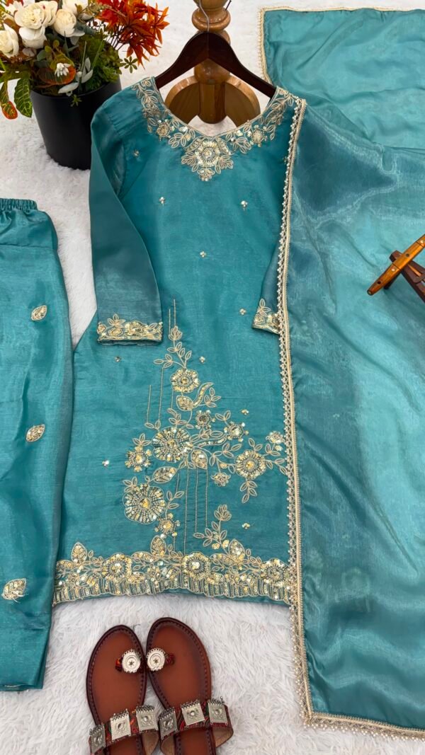 Teal blue Pakistani Suit for women with embroidered GMY Silk top Farshi pant and dupatta