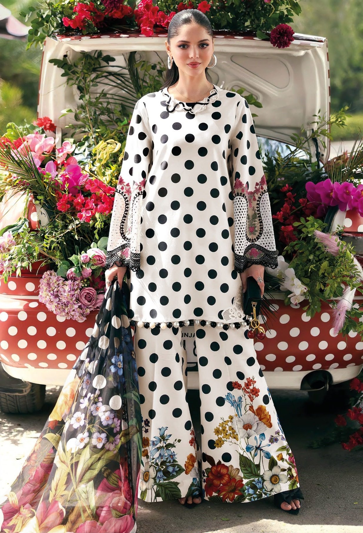 White Polka Dot Dress Material Online pure cotton printed suit set