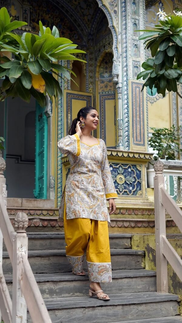 Yellow digital print natural crepe kurti with Farshi Salwar and matching dupatta set for women