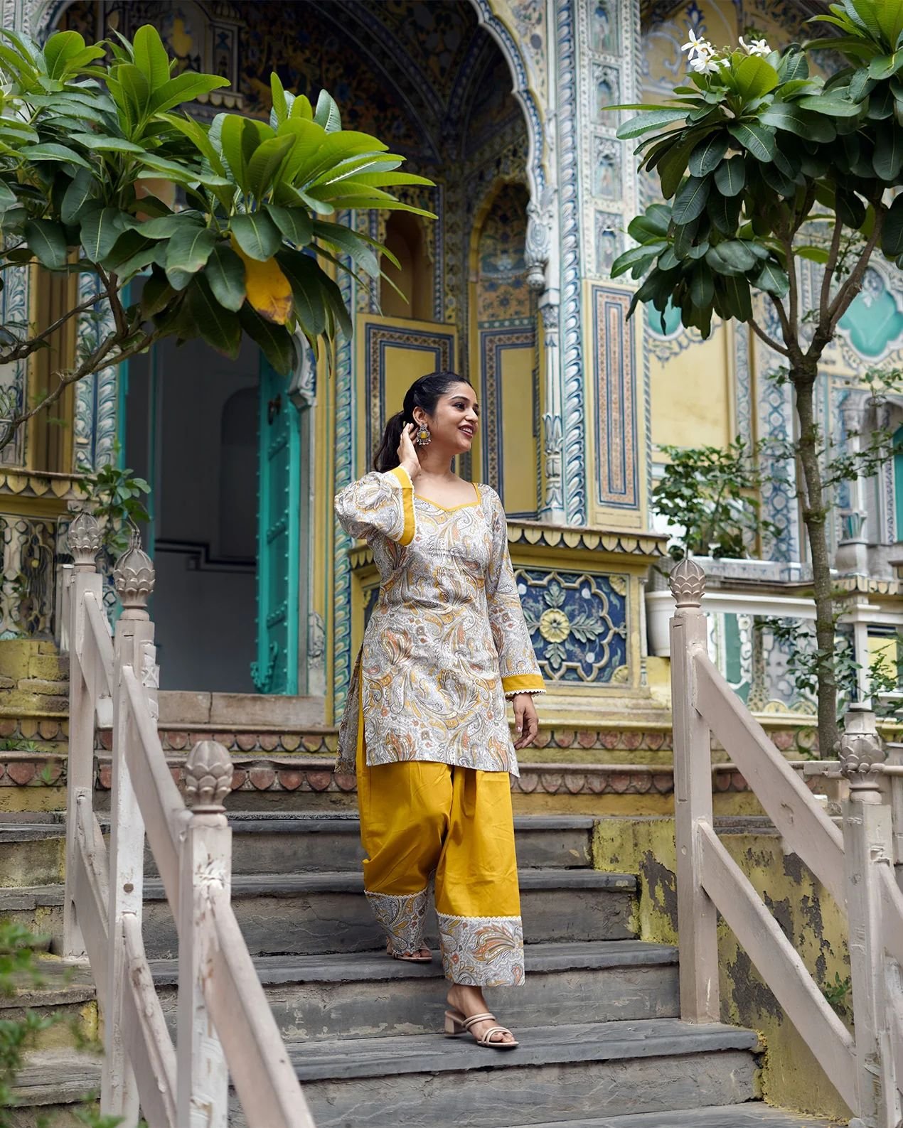 Yellow digital print natural crepe kurti with Farshi Salwar and matching dupatta set for women