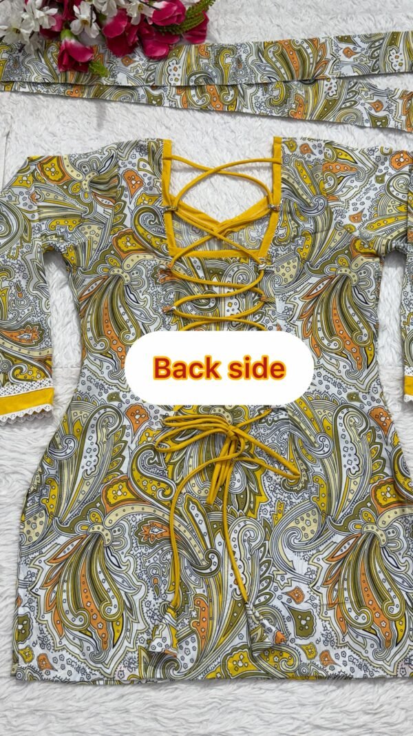 Yellow digital print natural crepe kurti with Farshi Salwar and matching dupatta set for women