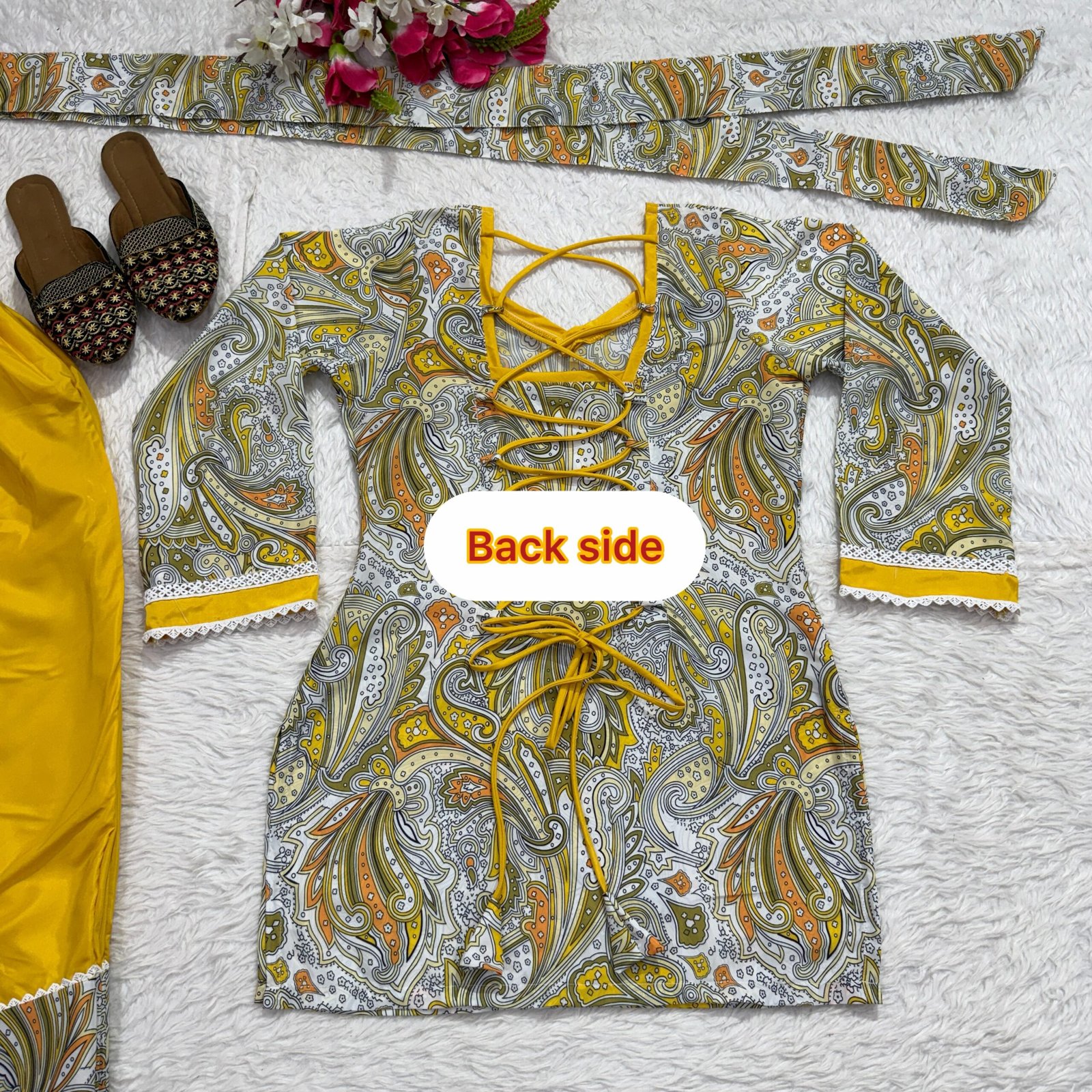 Yellow digital print natural crepe kurti with Farshi Salwar and matching dupatta set for women