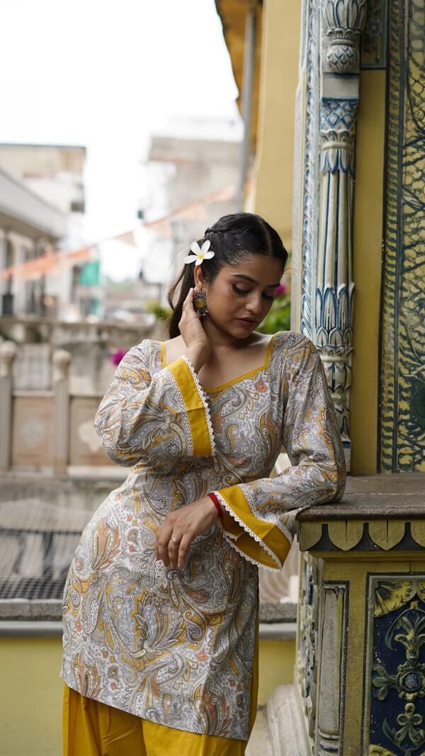 Yellow digital print natural crepe kurti with Farshi Salwar and matching dupatta set for women