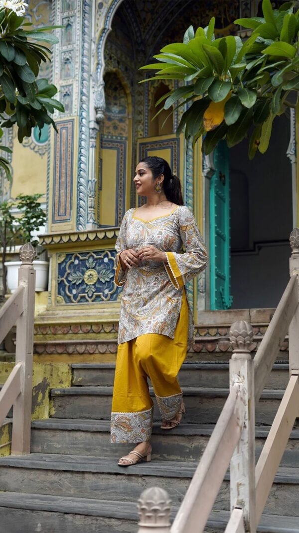 Yellow digital print natural crepe kurti with Farshi Salwar and matching dupatta set for women