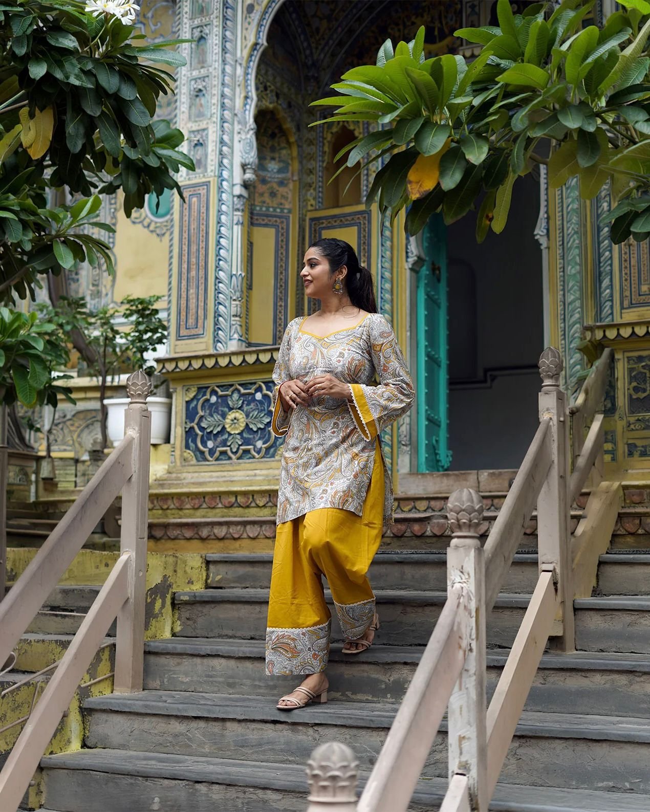 Yellow digital print natural crepe kurti with Farshi Salwar and matching dupatta set for women