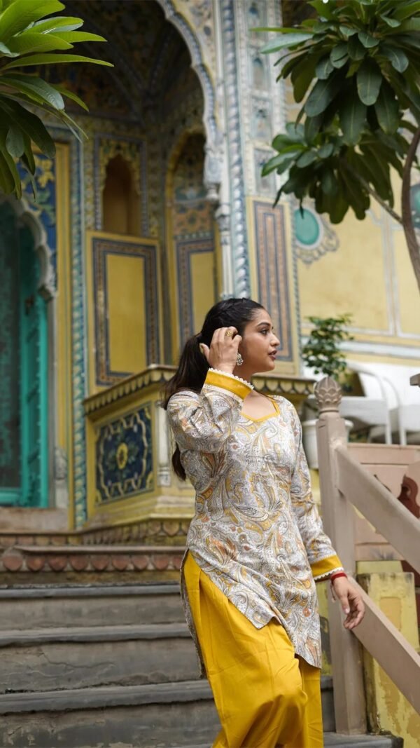 Yellow digital print natural crepe kurti with Farshi Salwar and matching dupatta set for women