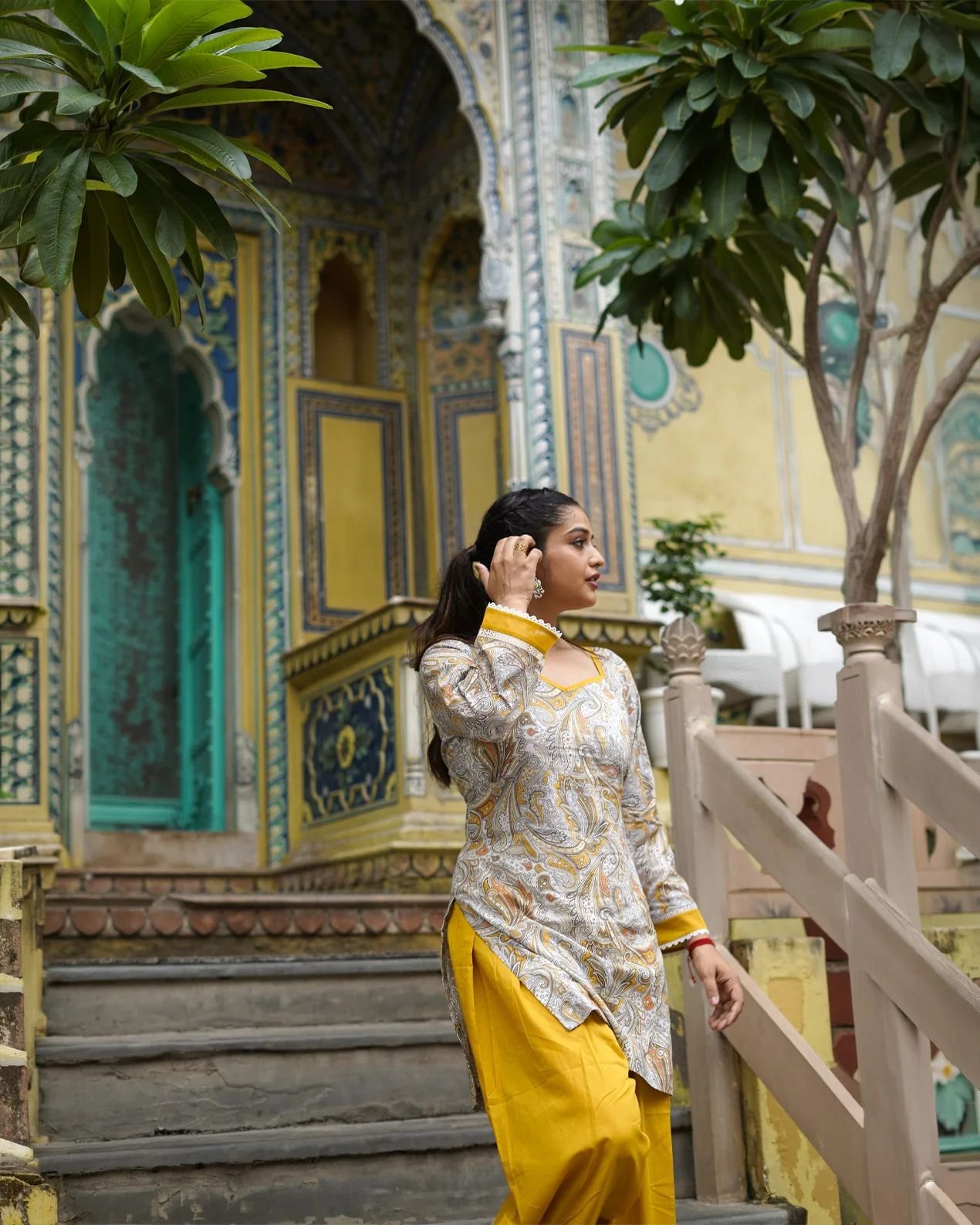 Yellow digital print natural crepe kurti with Farshi Salwar and matching dupatta set for women