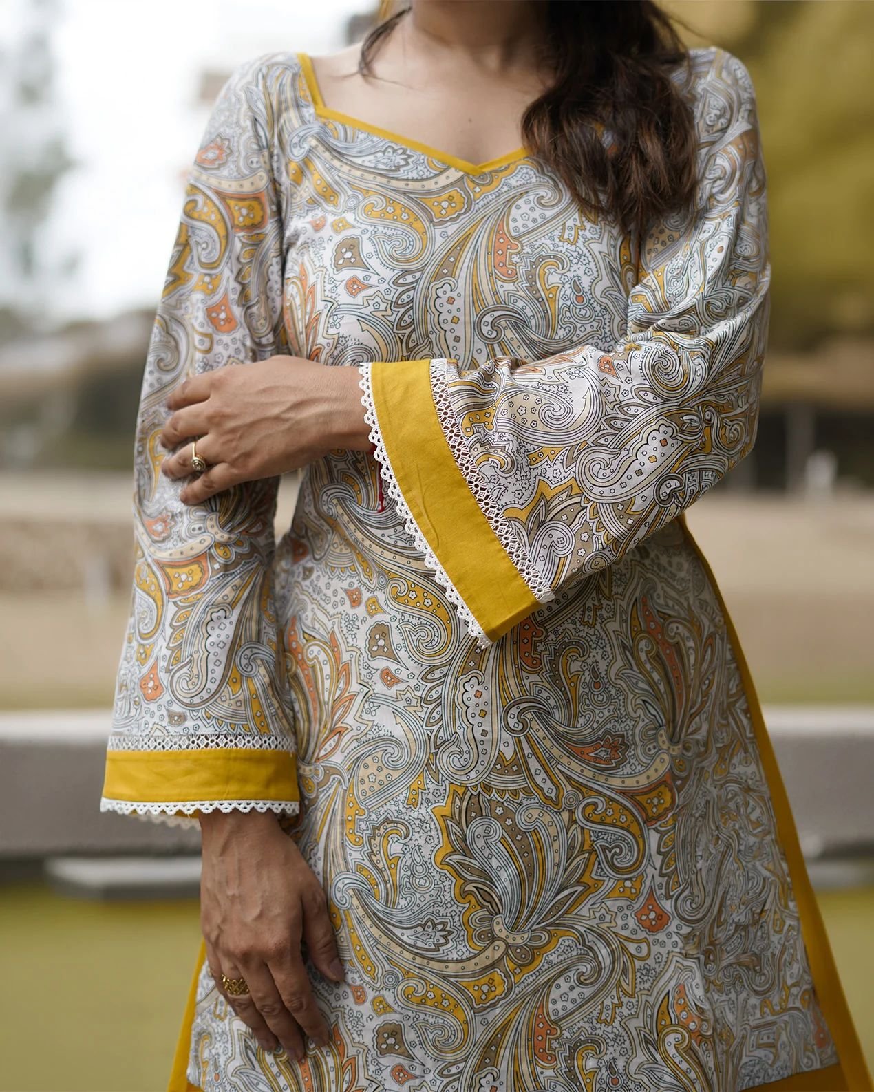 Yellow digital print natural crepe kurti with Farshi Salwar and matching dupatta set for women