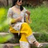 Yellow digital print natural crepe kurti with Farshi Salwar and matching dupatta set for women