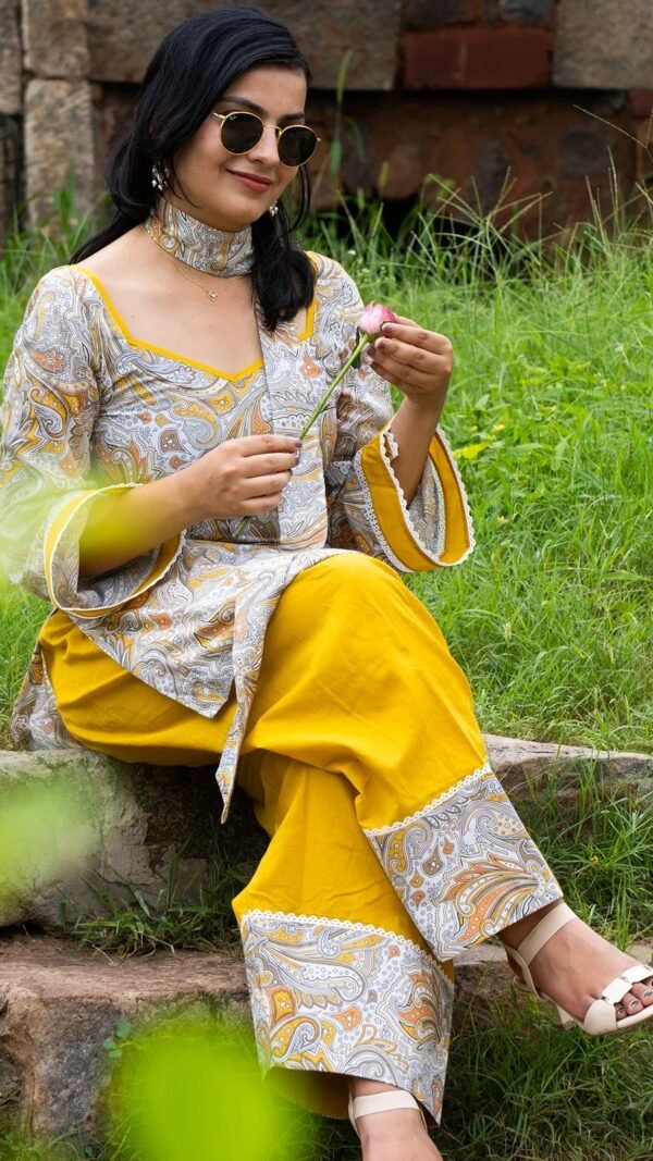Yellow digital print natural crepe kurti with Farshi Salwar and matching dupatta set for women
