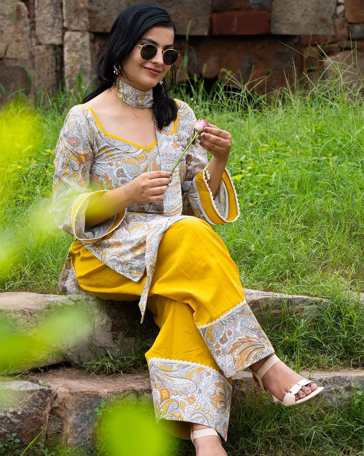 Yellow digital print natural crepe kurti with Farshi Salwar and matching dupatta set for women