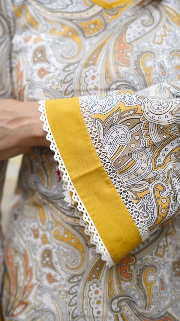 Yellow digital print natural crepe kurti with Farshi Salwar and matching dupatta set for women