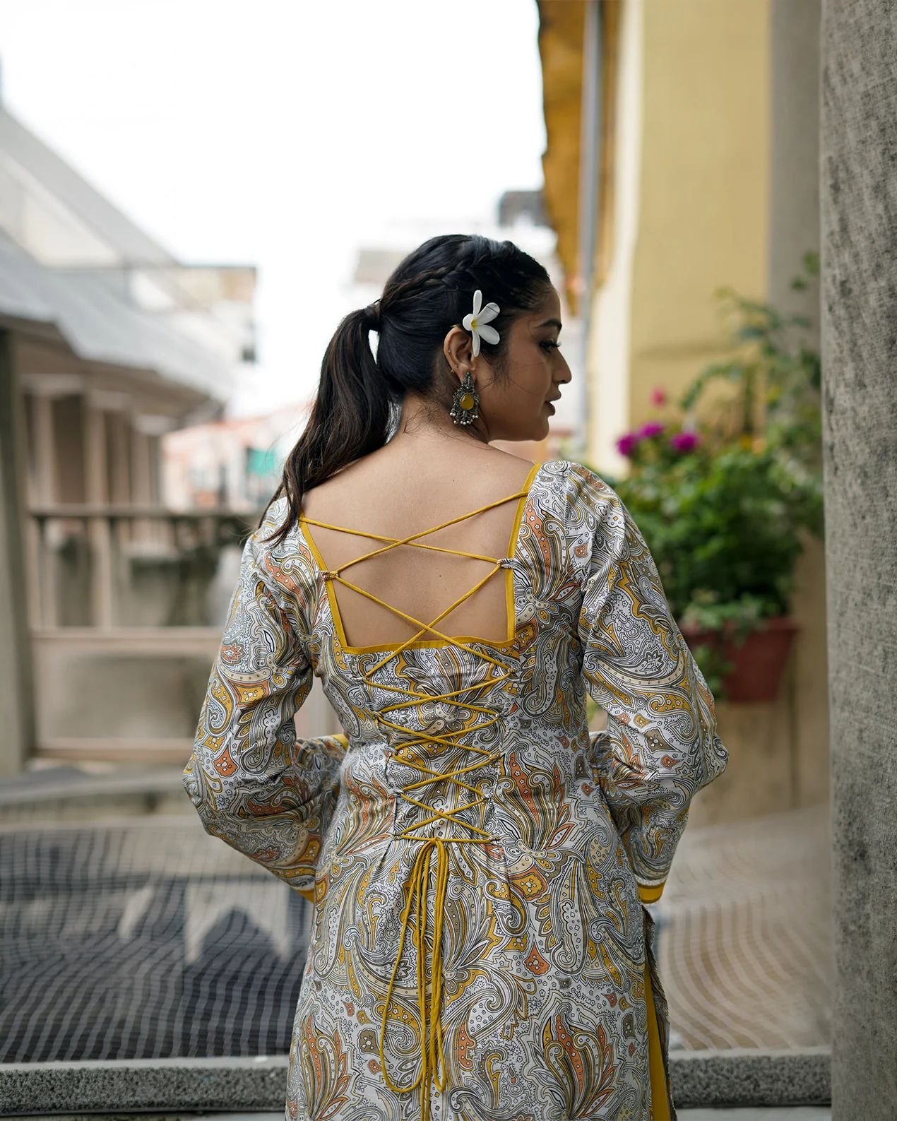 Yellow digital print natural crepe kurti with Farshi Salwar and matching dupatta set for women