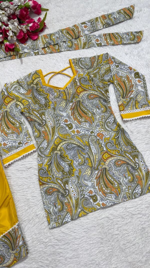 Yellow digital print natural crepe kurti with Farshi Salwar and matching dupatta set for women