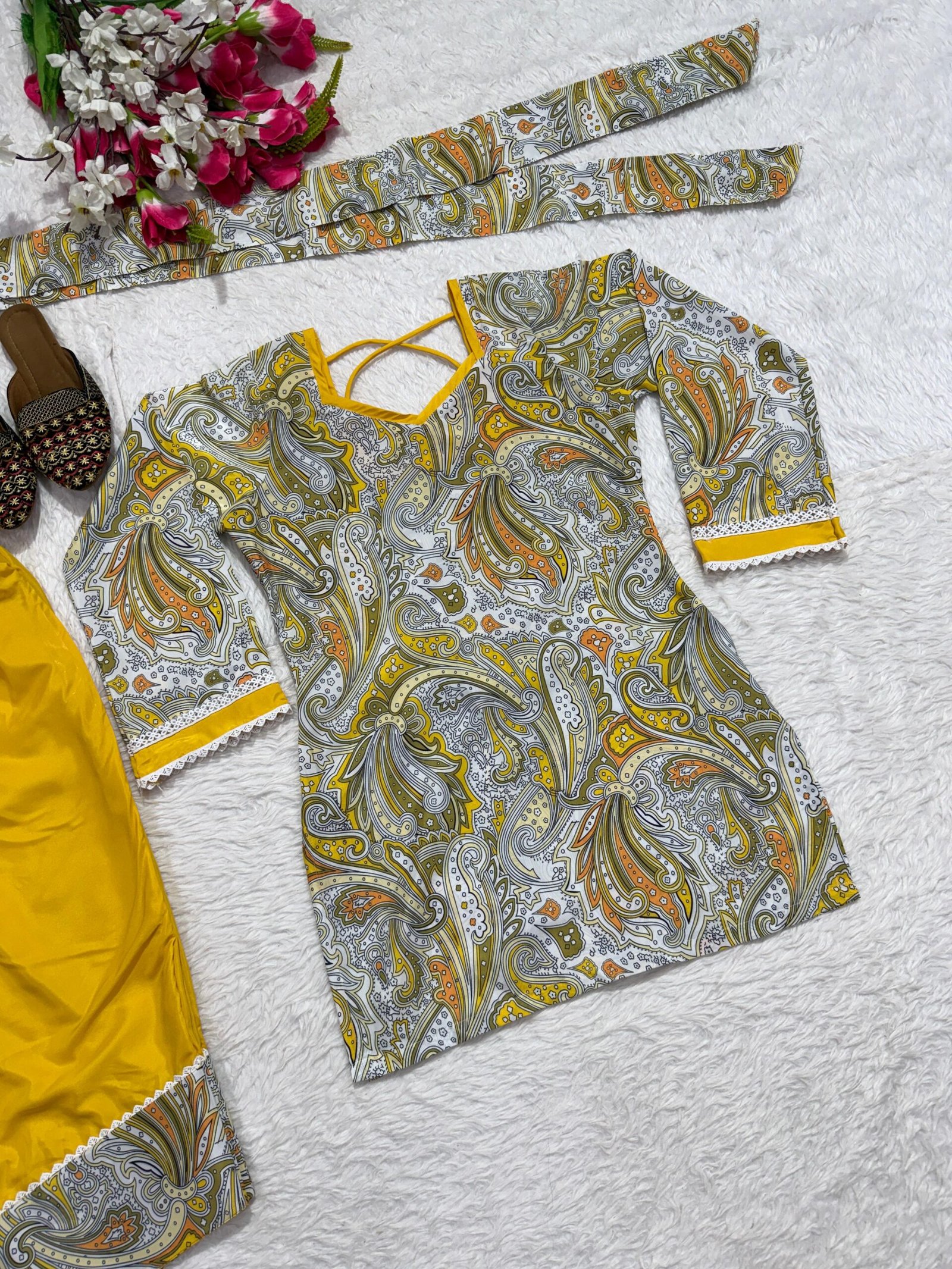 Yellow digital print natural crepe kurti with Farshi Salwar and matching dupatta set for women