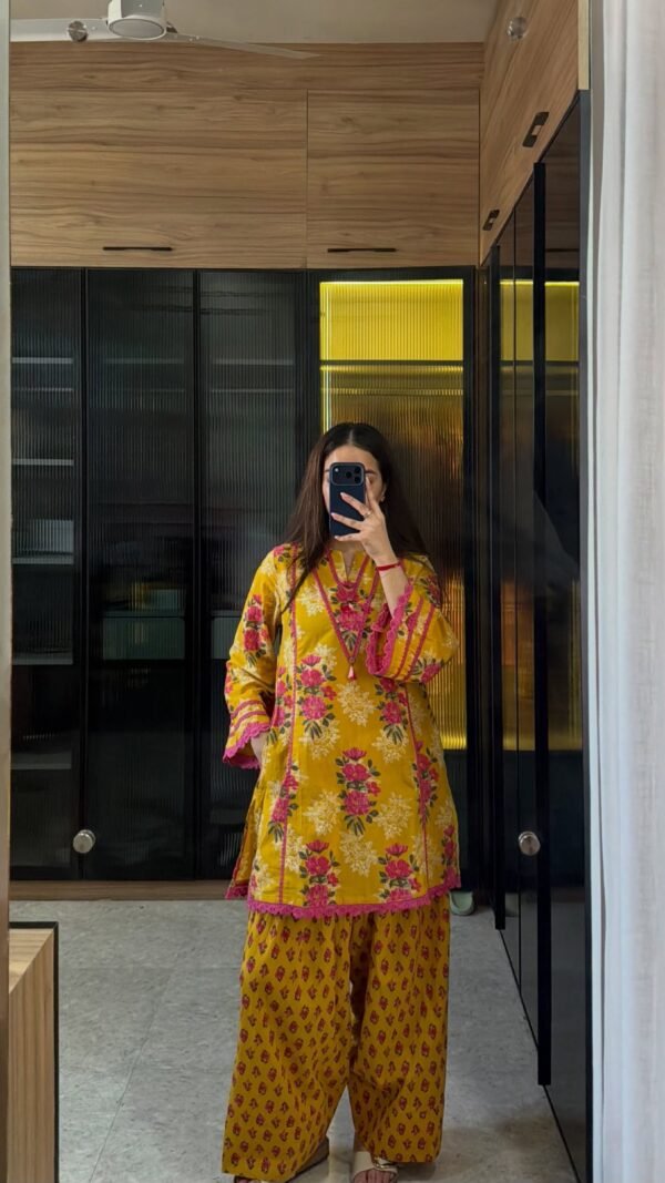 Yellow floral Farshi Salwar Suit with printed Natural Crepe top and Farshi pant